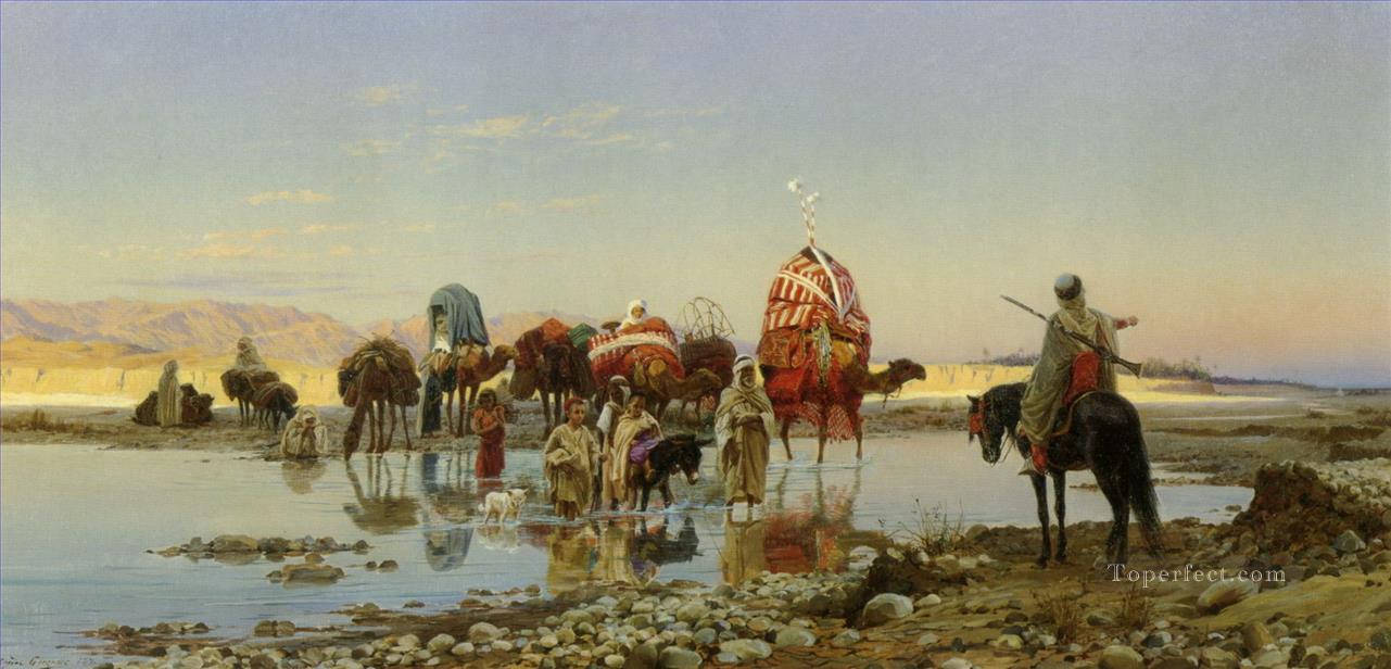 Arab Caravan Crossing a Ford Eugene Girardet Orientalist Oil Paintings